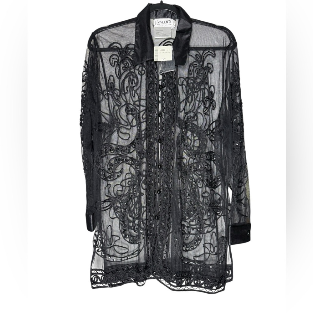 Valenti Sheer Black Knit Mesh Top Women’s Size L Long Sleeve VTG NWT